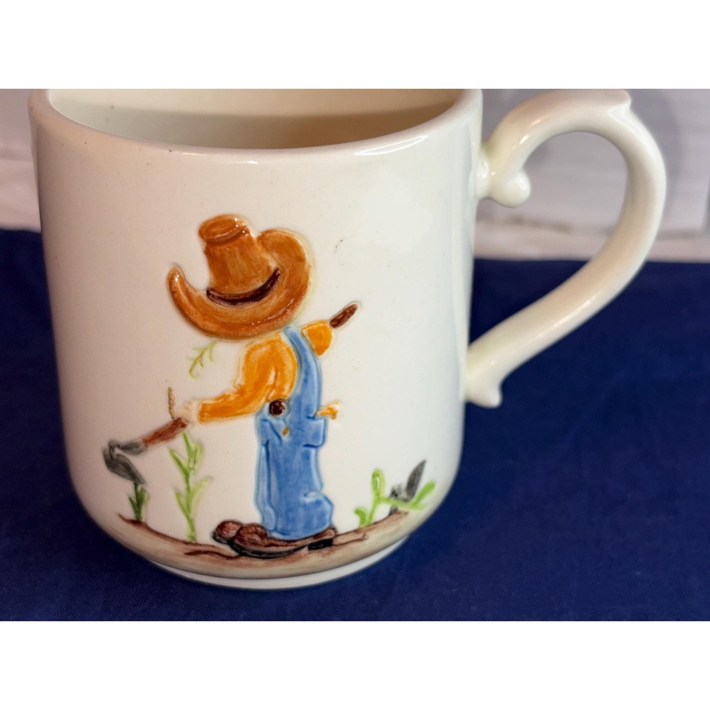 Vintage Opal Pottery Mug – Hand-Painted Farmer Relief, Mid-Century Decor